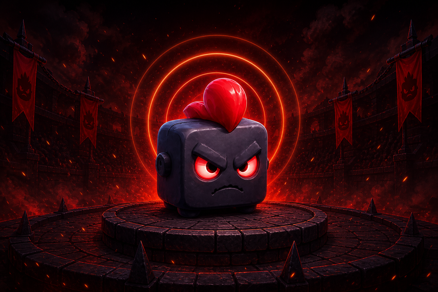 Cubo raivoso na arena neon — arte oficial de Cubos Raivosos