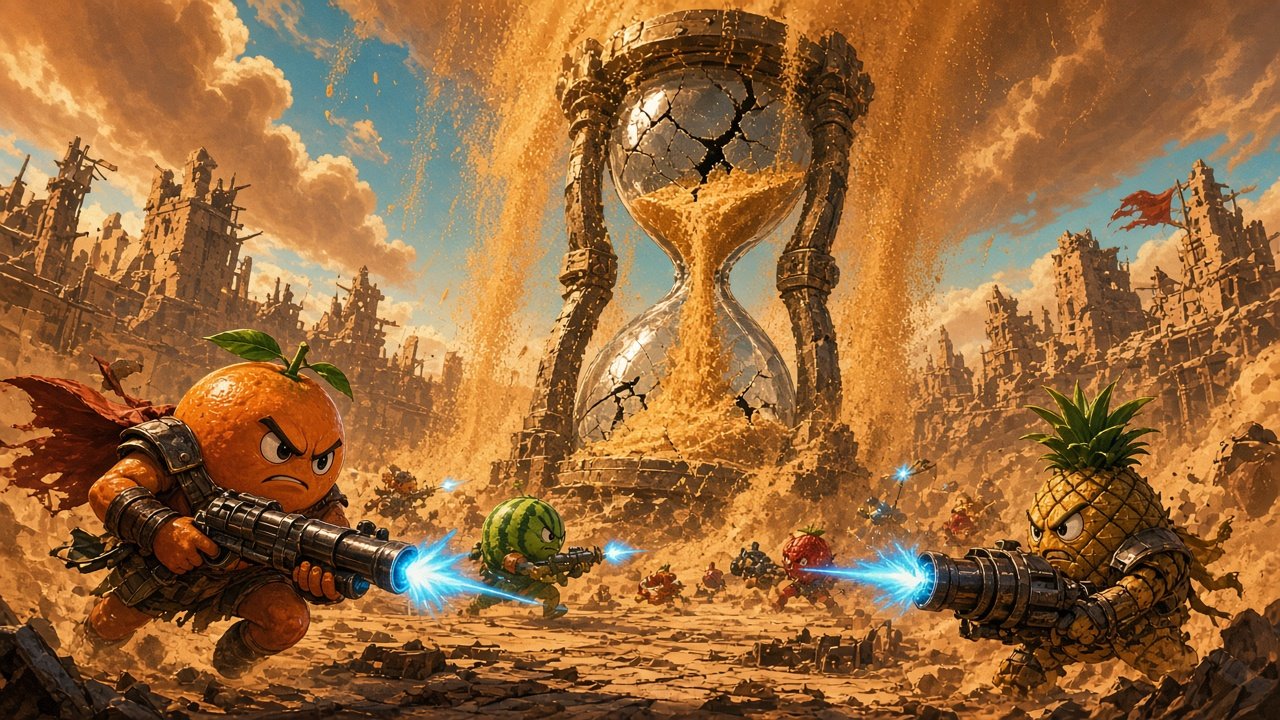 Modo contra o tempo: frutas armadas em volta da ampulheta no deserto