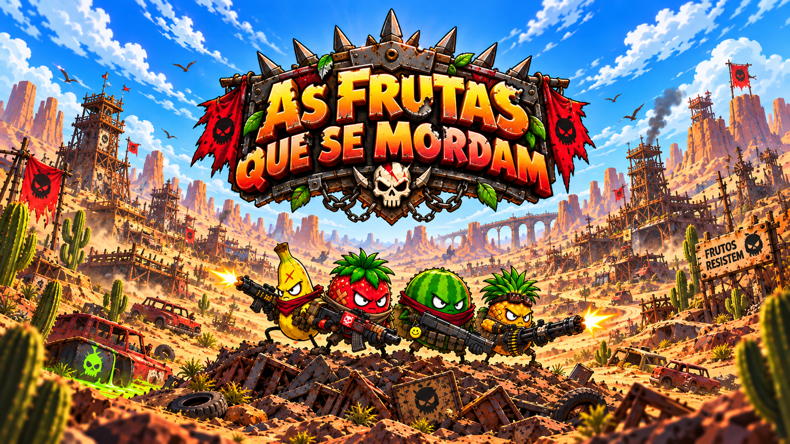 Tela de loading oficial: banana, morango, melancia e abacaxi armados no deserto